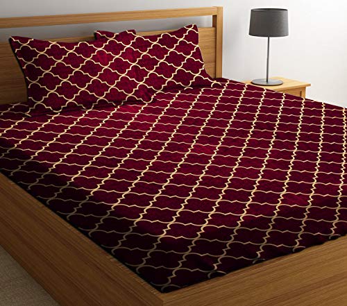 Image of King Size Bedsheet Cotton for Double Bed | Flat - 90x100 Inch, Floral, Soft & Breathable, Fade & Shrink Resistant, 2 Pillow Covers (Maroon)