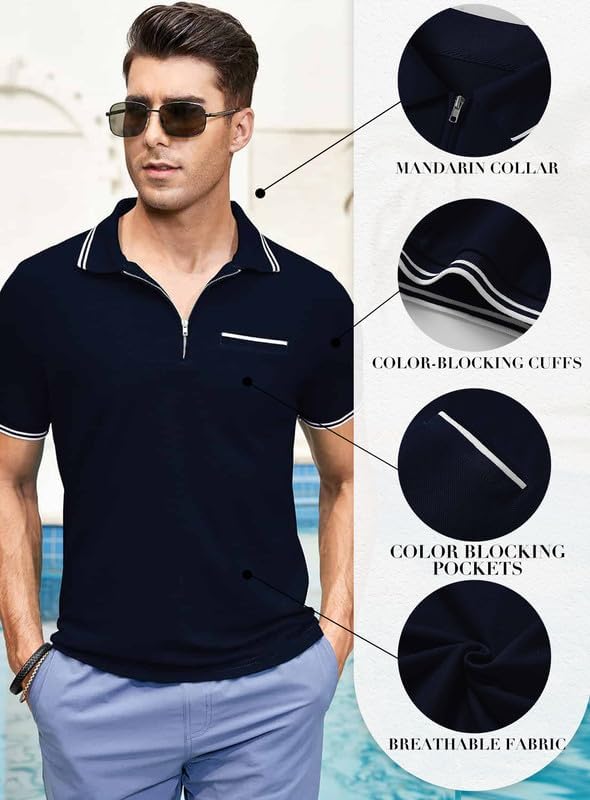 Miniatura 5 de JMIERR Polo de punto para hombre, con cremallera de un cuarto, casual, a rayas, para verano, ligera, de manga corta, con cuello de golf
