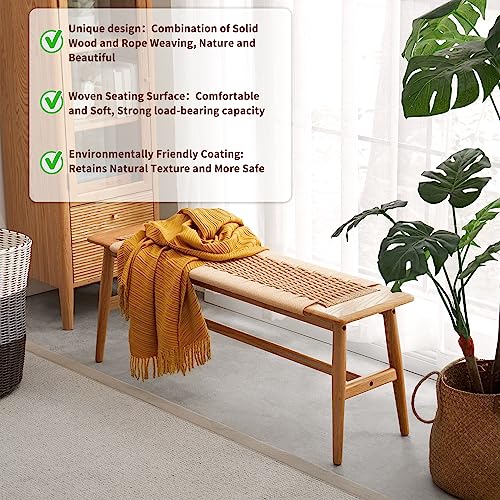 32" Rattan Bench, 100% Solid Oak Wood Bench, Hand Woven Design For Dining Bench, Rustic Design Narrow Wooden Bench, Boho Bench For Entryway, Dining Room, Bedroom, Window(Natural) #TOP6