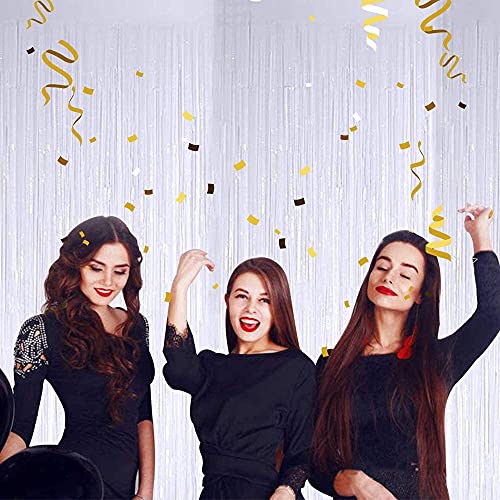 Image of 3Pcs White Metallic Tinsel Foil Fringe Curtains,3.2ft*8ft Gold Photo Booth Backdrop Streamer,Photo Booth Props,for Party Door Wall Curtains Bachelorette Birthday, Christmas,New Year Decorations