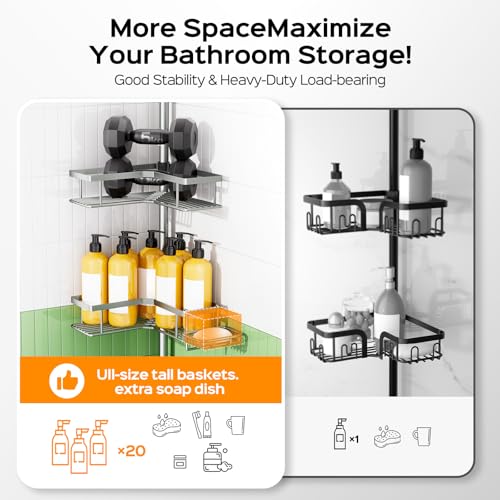 Image of HAMITOR Shower Organizer Tension Pole: 4 Tier L-Shaped Corner Bath Shelf | Rustproof Corner Caddy with Soap Holder & Hooks, No-drill Adjustable Bathroom Rack for Apartment, Small Spaces, 47-123In