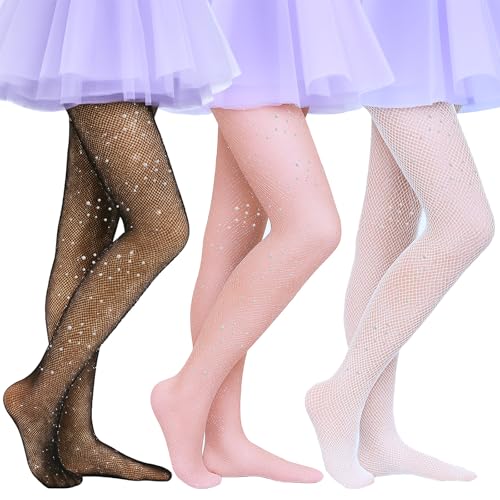 3 Pairs Girls Sparkle Fishnet Stockings, Girls Rhinestone Tights Glitter Hollow Out Pantyhose Children's High Waist Tights School Dress Dance Stockings (S)