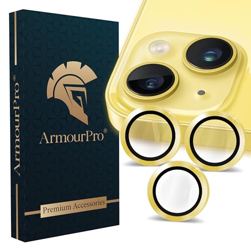 Image of ArmourPro Camera Lens Protectors for iPhone 14 Plus and iPhone 14 Tough HD Individual Aluminum Alloy Lens Ring Cover, Scratch Resistant, Thin Tempered Glass| Yellow, 1 Pack