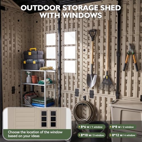 Image of Aoxun 8x6 Ft Outdoor Storage Shed with Lighe & Floor, Resin Outdoor Shed with Lockable Door & Windows, Garden Sheds for Lawn Tools, Pool Supplies & Bikes