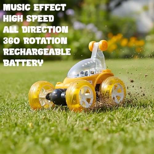 Image of Remote Control Stunt Car for Kids, 360 Spins RC Off-Road Monster Truck, 4WD Rock Crawler Vehicle with LED Lights, Rechargeable Battery, Shockproof Design (Yellow, 9802)