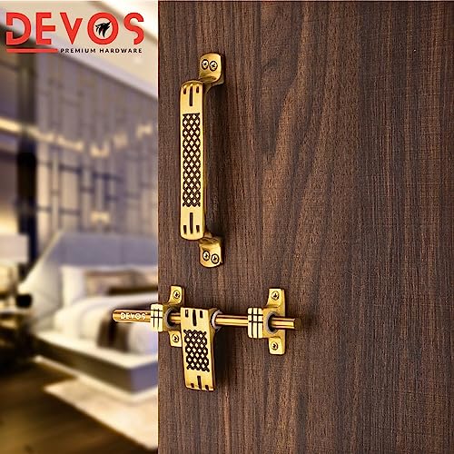 Image of DEVOS Royal Net Aluminium Single Door Fittings Set | Hardware Accessories Kit, Brass Antique Finish | 1 Big Aldrop 10'',2 Handles 6'',1 Latch 7'',1 Stopper 6