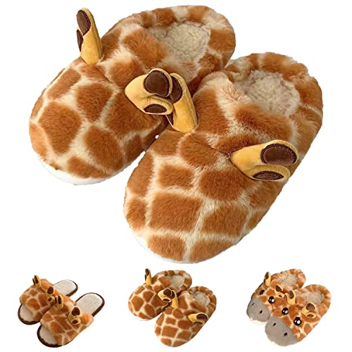 Giraffe Slippers for Women, Cute Plush 3D Giraffe Shaped Slippers for Kids & Adults Slippers Christmas (8-9, B)