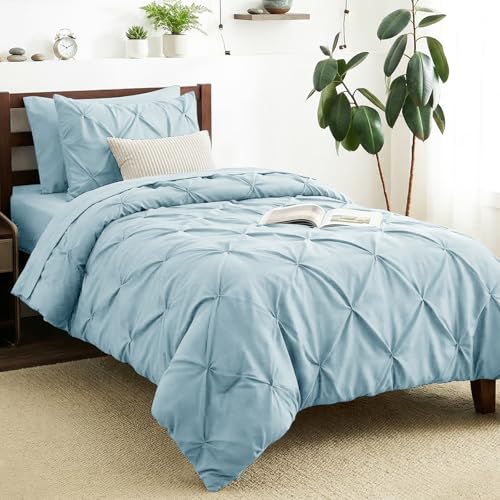 CozyLux Twin XL Comforter Set Light Blue 5 Pieces Twin Extra Long Pintuck Bed in A Bag for College Dorm All Season Bed Set Gift Pinch Pleat Bedding Set with Comforter Sheets Pillowcase & Sham