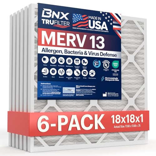 Image of BNX TruFilter 18x18x1 Air Filter MERV 13 (6-Pack) - MADE IN USA - Electrostatic Pleated Air Conditioner HVAC AC Furnace Filters for Allergies, Pollen, Mold, Bacteria, Smoke, Allergen, MPR 1900 FPR 10