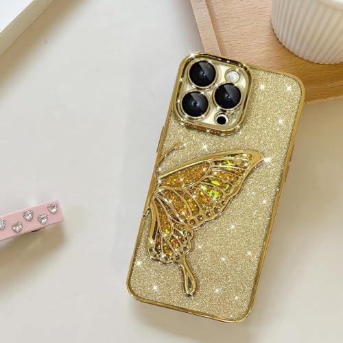 Image of SHINESTAR 3D Butterfly Case for iPhone 14 Pro Max Cover, Cute Girly Glitter Bling Luxury Back Cover for Women Girls Protective Shockproof Slim Camera Protection for iPhone 14 Pro Max - Gold