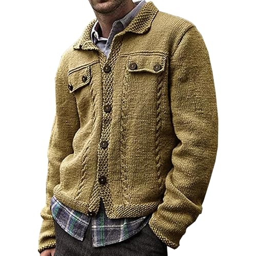 JEKE-DG Men's Lapel Slim Fit Cardigan Sweater Casual Button Down Fashion Sweater Solid Cable Knit Winter Sweaters