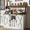 4ever2buy Farmhouse Coffee Bar Cabinet with 9 Wine Racks and 6 Hooks 47 Inch Coffee Bar Cabinet with Storage White Kitchen Coffee Cabinet with Hutch and Sliding Barn Door for Living Dining Room