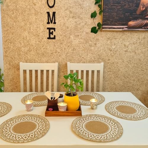Image of Jute Cotton Round Table Mats Set of 6 - Dining Table mat 6 Pieces Waterproof, Elegant and Durable for Dining Table (Beige Ultimate)