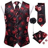 Hi-Tie Men's Black Red Floral Suit Vest And Tie Lapel Pin Set Jacquard Silk Waistcoat Handkerchief Cufflinks For Wedding Formal Tuxedo