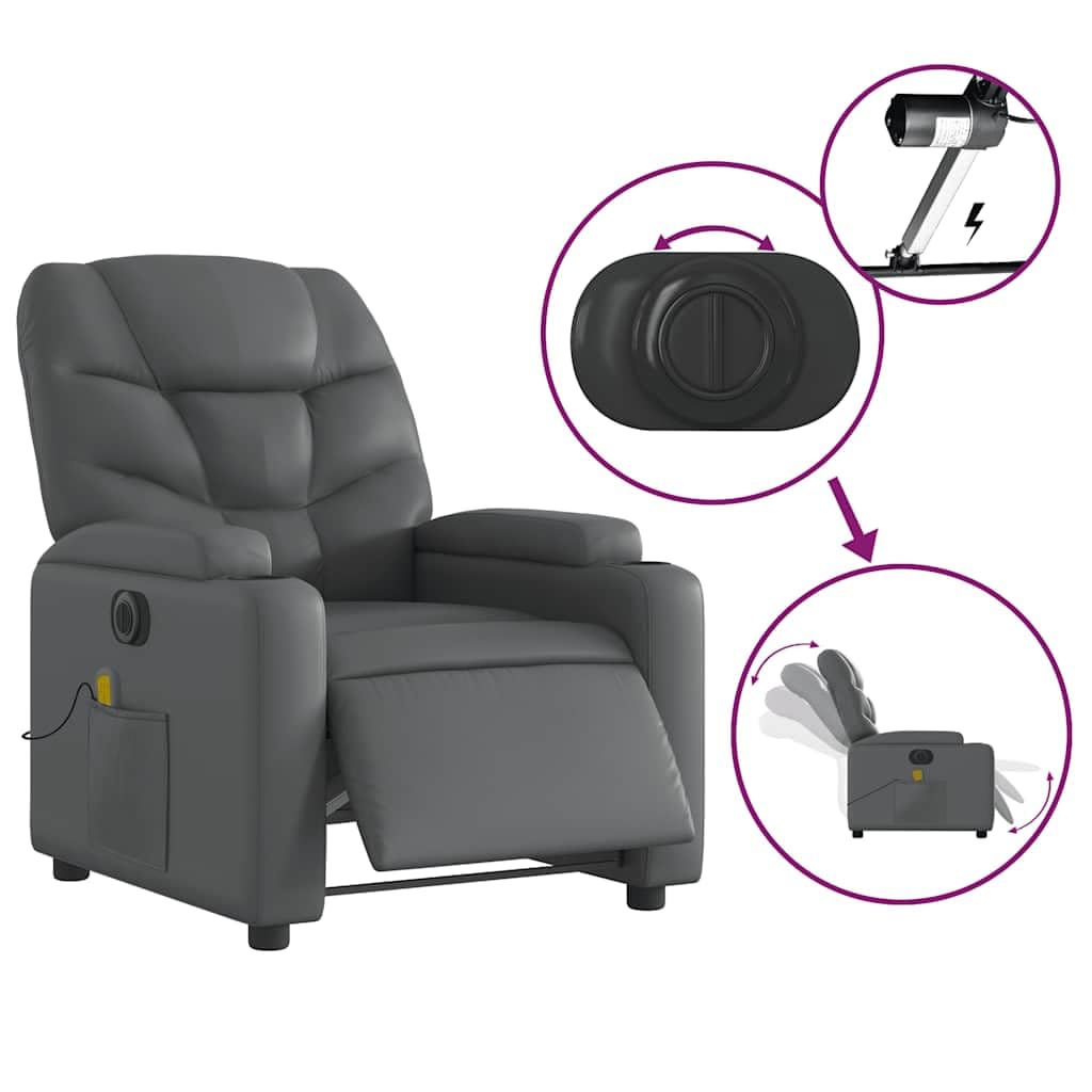 Sillón de masaje eléctrico gris de piel sintética con 6 puntos de vibración y motor eléctrico, sillón relax con reposapiés y respaldo hasta 135 grados