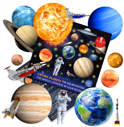 175+ PCS Glow in The Dark Stars and Planets for Ceiling - 9 Planet Wall Stickers - 3D Realistic NASA Space Decor Moon Sun Glow in The Dark Stars, Solar System Wall Decals for Kids