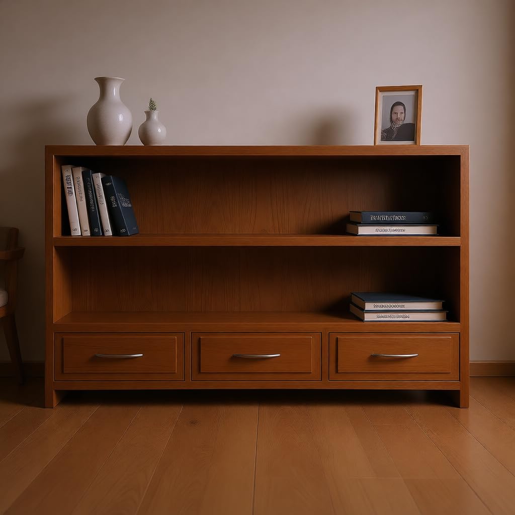 Flywood Provincial Teak Finish Mango Wood Bookshelf with 2 Open Shelves and 3 Drawers, Wooden Book Rack for Living Room, 54 x 34 x 14 Inches-image-0