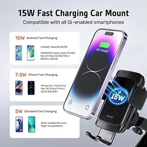 Alxum Wireless Car Charger Mount with Electromagnetic Sense, 15W Qi Smart Automatic Car Phone Holder Wireless Charger for Air Vent, Dashboard and More