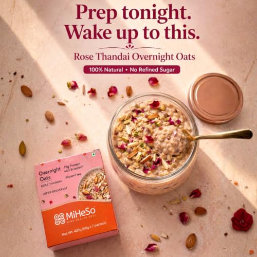Image of MiHeSo Overnight Oats Rose Thandai 420 G | Healthy Oatmeal Breakfast | High Protein, Calcium & Fibre | Diet Food For Weight Loss For Women & Men | No Refined Sugar | Gluten Free