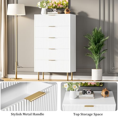 GarveeHome 5 Drawers Dresser for Bedroom, Fluted Dresser Chest of Drawers with Handle, Wood Modern Dressers for Closet, Bedroom Furniture Storage Organizer for Living Room, Hallway