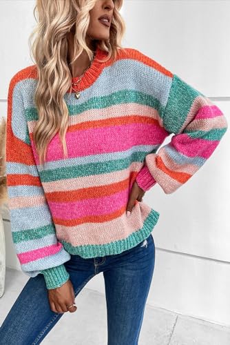 Women's Multicolor Striped Knit Drop Shoulder Puff Sleeve Sweater3