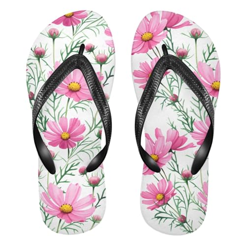 Pink Flower White Flip Flops for Beach Thong Sandals Anti-slip Lightweight Beach Shoes for Indoor Outdoor House