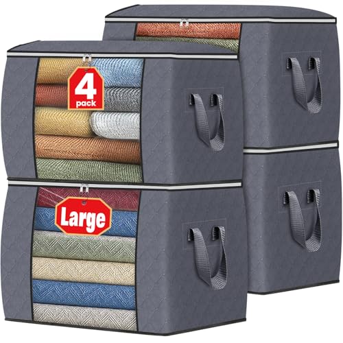 Image of Fab totes 24 Gallons Clothes Storage, Foldable Thick Fabric Blanket Storage Bags, Containers for Organizing Bedroom, Closet, Clothing, Comforter, Organization with Handle (4 Pack,Grey)