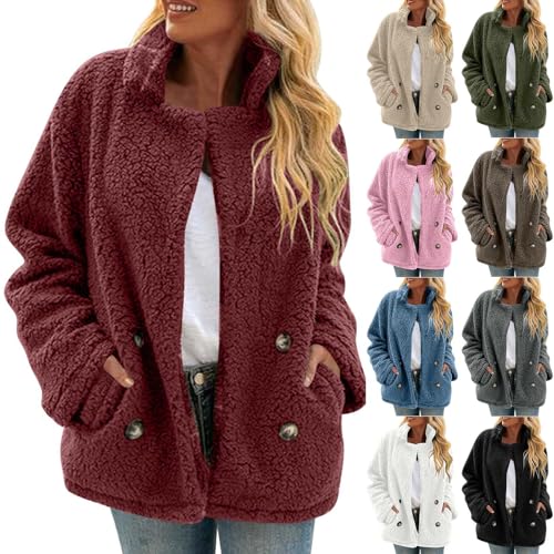 Chaqueta de lana con botones y cuello alto para mujer, abrigo de lana, cortavientos, cálido, mullido, talla grande, ropa de abrigo de sherpa gruesa, 1 Vino, S