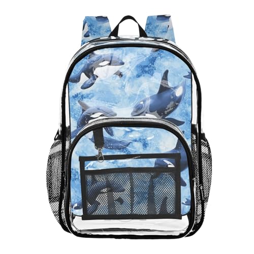 Clear Backpack for Boys Girls Ocean Orcas PVC Transparent School Bookbag Large Capacity Clear Bags for Work Travel