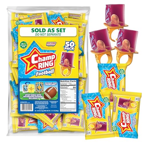 Champ Ring Football, Red Zone Raspberry - Bold Raspberry Flavored Candy Rings - Individually Wrapped - No Artificial Colors or Dyes - Perfect for Parties,...