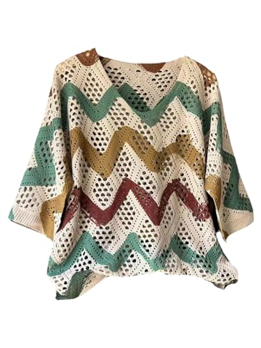 GORGLITTER Women's Hollow Out Floral Crochet Sweater V Neck 3/4 Sleeve Boho Summmer Knitwear Tops Apricot# 01 Medium