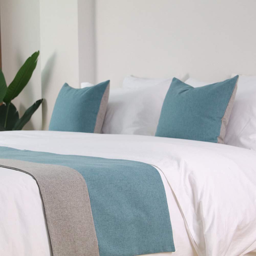 WYHQL Double Color Patchwork Bed Runner Bed flag Hotel Luxurious Bedding Bedroom Decorative Scarf Cushion Covers (Color : Blue, Size : 48x240cm (for 1.8m bed))