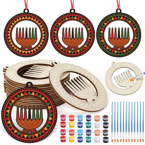 Hollowfly 30 Sets Kwanzaa Crafts Make Your Own Candles Wooden Kwanzaa Ornaments with 30...