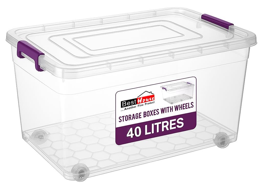 BH | 40L - Plastic Storage Box Bins with Lids and Wheels | Pack of 1 | Heavy Duty, Stackable Clear Boxes Use for Home, office, Kitchen, Toys and Goods (40 Litres) - By BEST HOUSE โ image 1