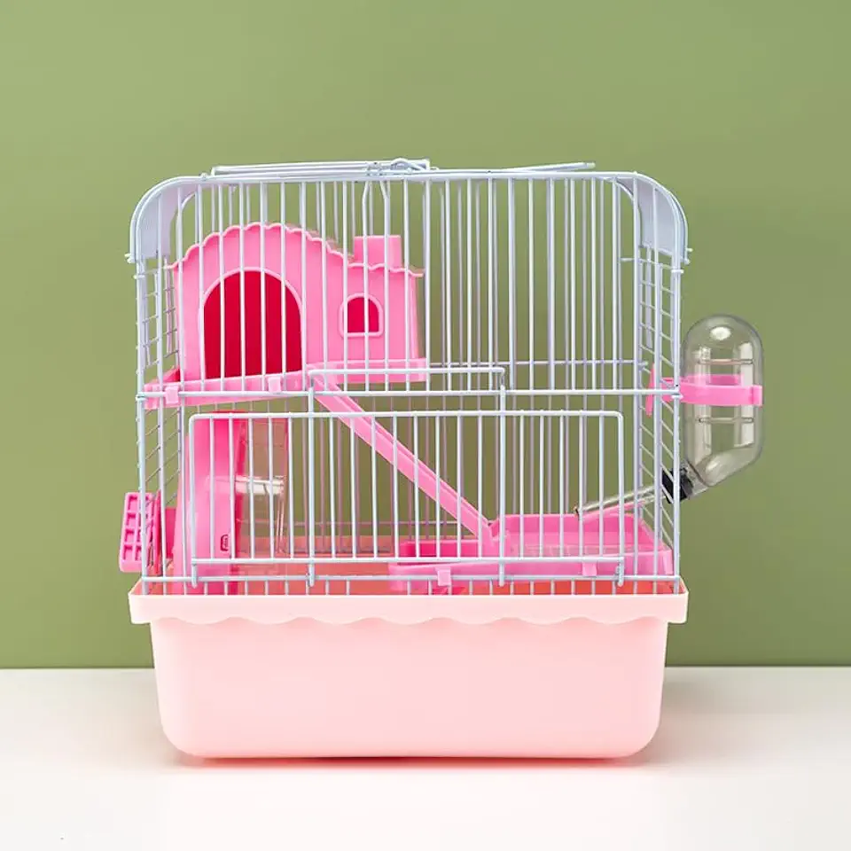 Gaiola de hamster 2 andares super luxo com castelo e bebedouro, gaiola ventilada para roedores, terrário para hamster, casa para hamster completa (Rosa)