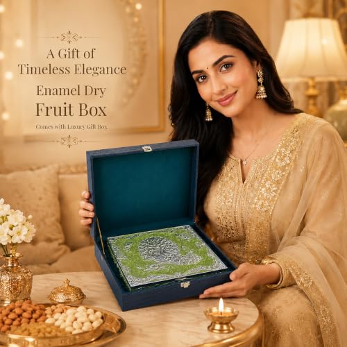 Image of Diviniti Decorative Silver Embossed Dry Fruit Box with 4 Compartments | Premium Green Decorative Gift Box for Dry Fruits, Nuts, Chocolates & Sweets | Elegant Home Decor & Festive Gift Storage Box