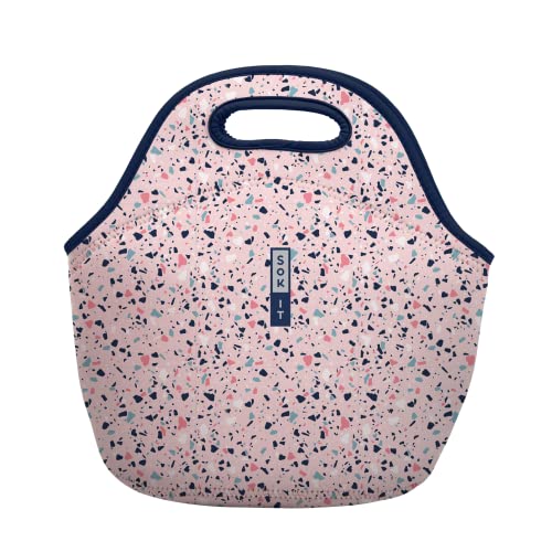 Sok It Lunch Tote Zippered Bag Insulated Neoprene Caddy (Pink Terrazzo, Neoprene Lunch Tote)