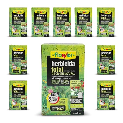 FLOWER x10 Herbicida Total Ecológico Origen Natural 1500 m² | Elimina Mala Hierba y Musgo | Alternativa Glifosato | Resultados 2 Horas | 2500ml + Dosificador Diluir 50L Agua | Súper Concentrado