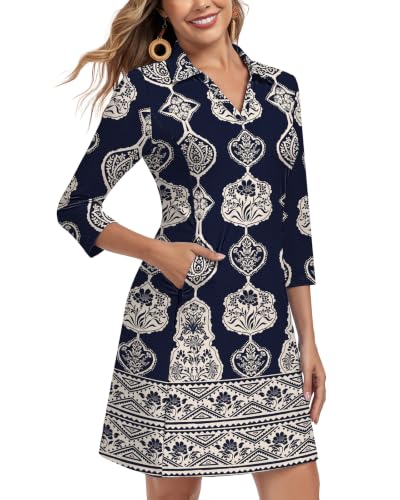 Image of WOWENY 3 /4 Sleeve Dress for Women with Pockets V Neck UPF 50+ Casual Sun Dress Breathable Quick Dry Beach Vacation