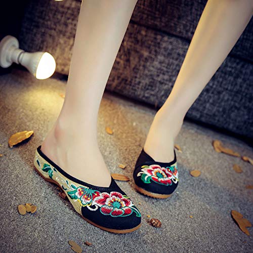 Bininbox Embroidered Flower Women's Shoes Backless Mules Comfortable Flats Round Toe Loafers Chinese Style Canvas Slippers Cute Sandals(8.5 B(M) Us,Black) #TOP2