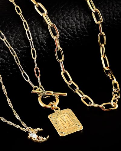 MJartoria Layered Initial Necklaces for Women Trendy, 14K Gold Plated Simple Moon Choker Square Letter Pendant Necklace, Paperclip Chain Necklace, Gold Necklaces Jewelry Gifts4