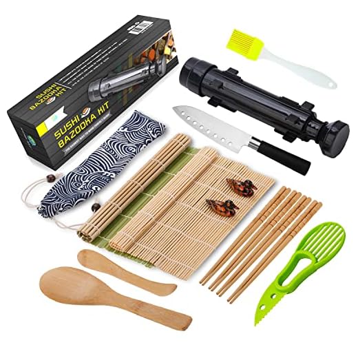 Sushi Making Kit - All In One Sushi Bazooka Maker with Bamboo Mats, Bamboo Chopsticks, Avocado Slicer, Paddle,Spreader,Sushi Knife, Chopsticks Holder, Cotton Bag - DIY Sushi Roller Machine - Black