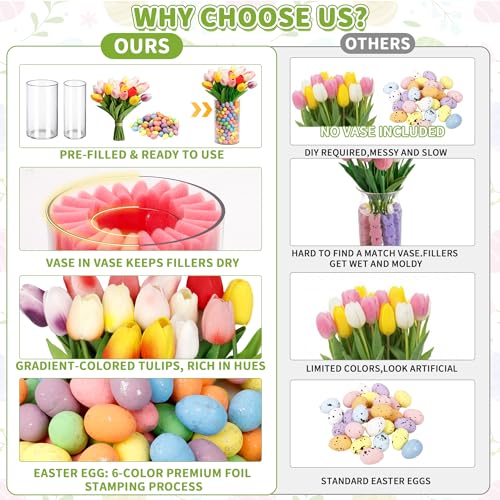 Image of ALFEVA Easter Decorations-Vase in Vase 15pcs Artificial Tulips and Approx 150pcs Easter Eggs Filler, Easter Vaseset Ready to Display,Spring Decorations for Home Table