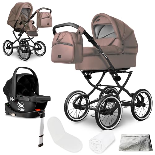 Bergsteiger Venedig Nostalgie Kombikinderwagen 4-in-1 – Babywanne, Sportsitz, i-Size Babyschale & Isofix-Station, Luftreifen, höhenverstellbar, faltbar, Zubehör