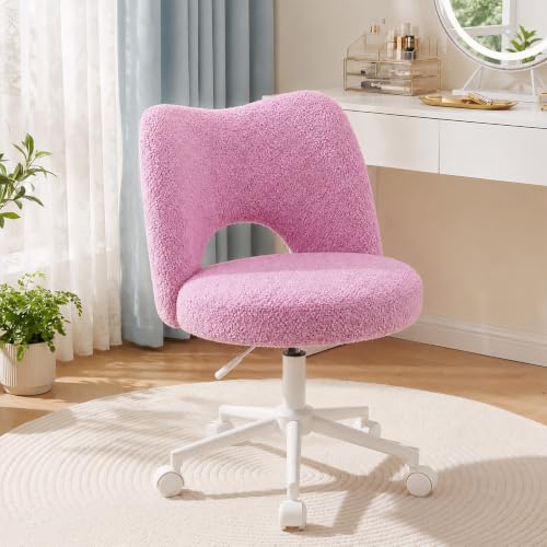 Image of DurayLoly Vanity Chair with Wheels & Open Back,Light Purple | Soft Teddy Fabric, Armless, 6 inch Thick Cushion, Height Adjustable, 300 lbs, 360 Swivel for Vanity Table, Home Office