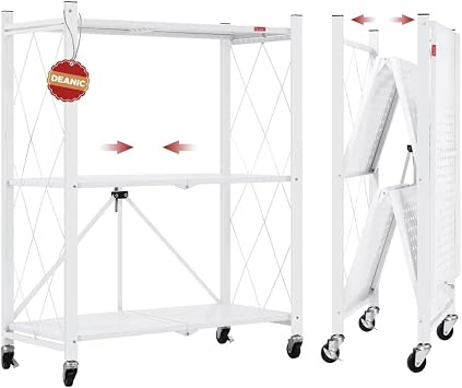 DEANIC 3 Tier Foldable Storage Shelves with Wheels, Kitchen Appliance Stand, Freestanding Metal Wire Shelf Rack, No Assembly Organizer Rolling Cart for Garage, Basement, PantryWhite