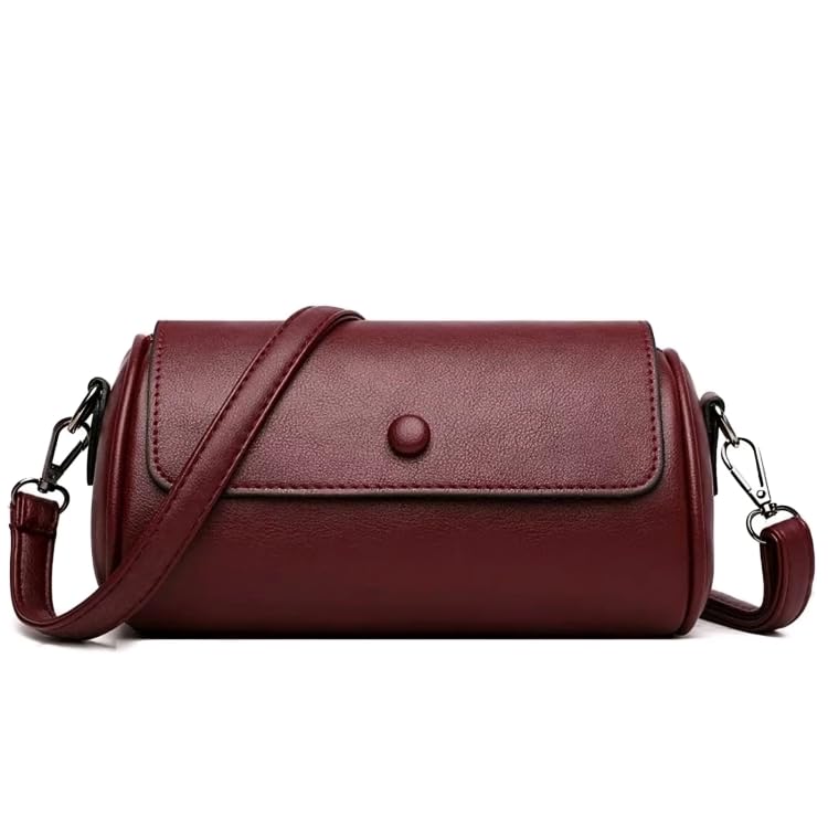 Small Crossbody Handbag, Faux Leather Barrel Bag with Adjustable Strap, Available in Black, Brown, Wine Red