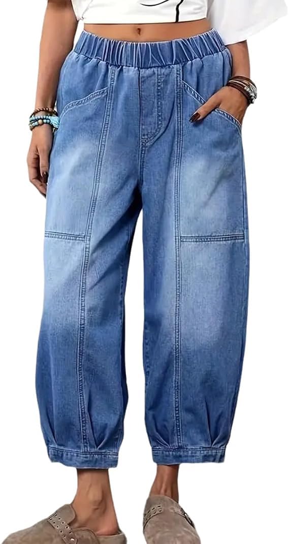 Damen Baggy Straight-Leg-Jeans Trendige Distressed Elastische Taille Lockerer Sitz Jeans Cropped-Hose