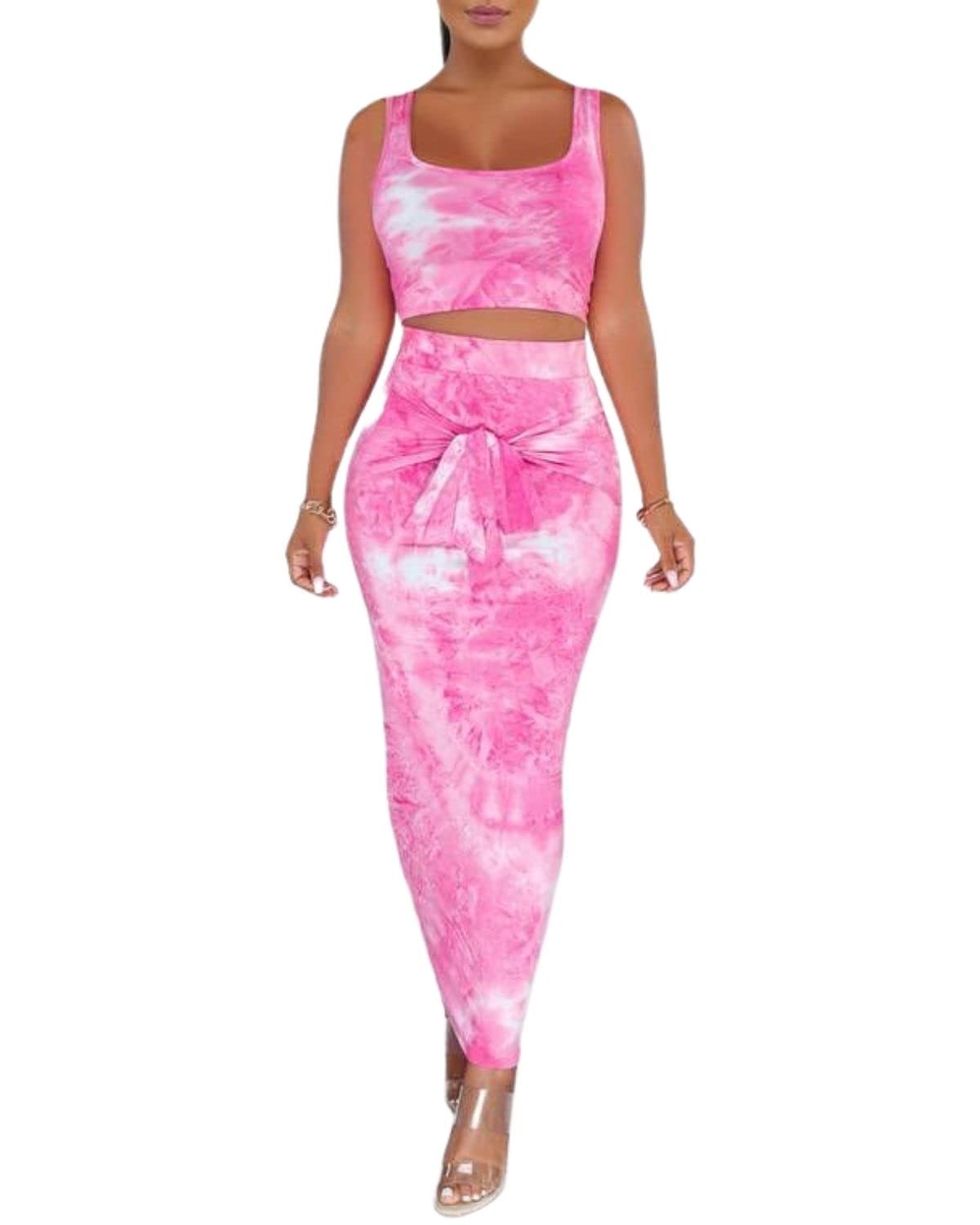 quecy Women's Polyester Slim Fit Casual Tie & Dye Scoop Neck Tie Dye Skirt Outfits Set of 2 Pink-picture-22