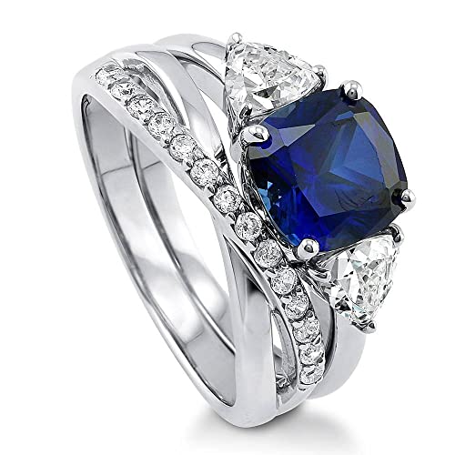 BERRICLE Sterling Silver 3-Stone Wedding Engagement Rings 3 Carat Simulated Blue Sapphire Cushion Cut Cubic Zirconia CZ Infinity Ring Set for Women, Rhodium Plated
